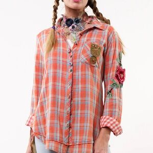 Aratta Orange Plaid Button Down Shirt with Floral Embroidery